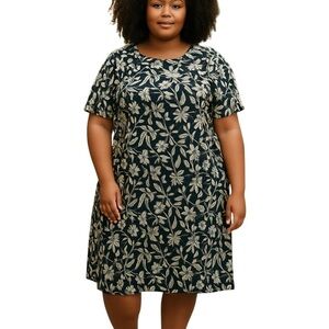 Karen Scott Sport Floral Daffodil Short Sleeve Round Neck Dress Black Cream